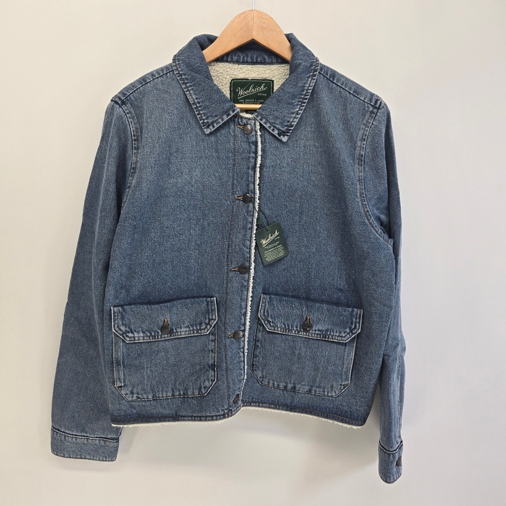Woolrich Denim Jacket Women XL Blue Sherpa Lined Green Label Barn Field Coat NEW